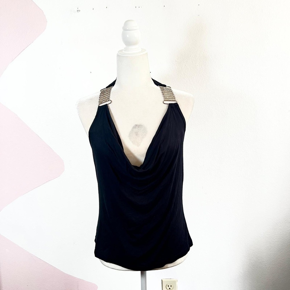 Vtg Y2k 2000s Black Halter Top Medium Cowl Neck Chain Detail